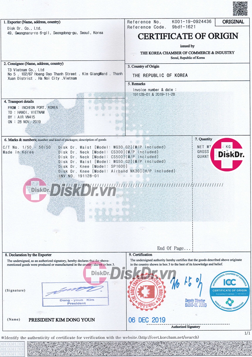 DiskDr. có đầy đủ chứng nhận nguồn gốc sản phẩm Certificate of Origin