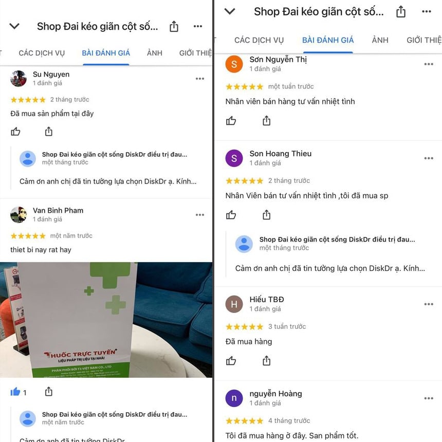 Đánh giá của khách hàng trên Google Map về đai lưng chữa thoát vị đĩa đệm DiskDr