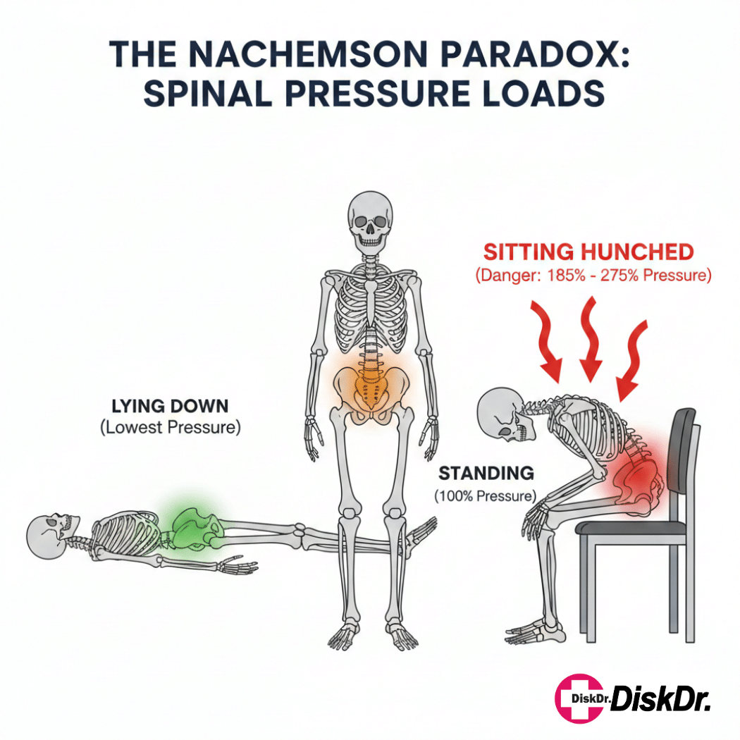 Biểu đồ Nachemson so sánh áp lực lên đĩa đệm giữa tư thế Nằm, Đứng và Ngồi.