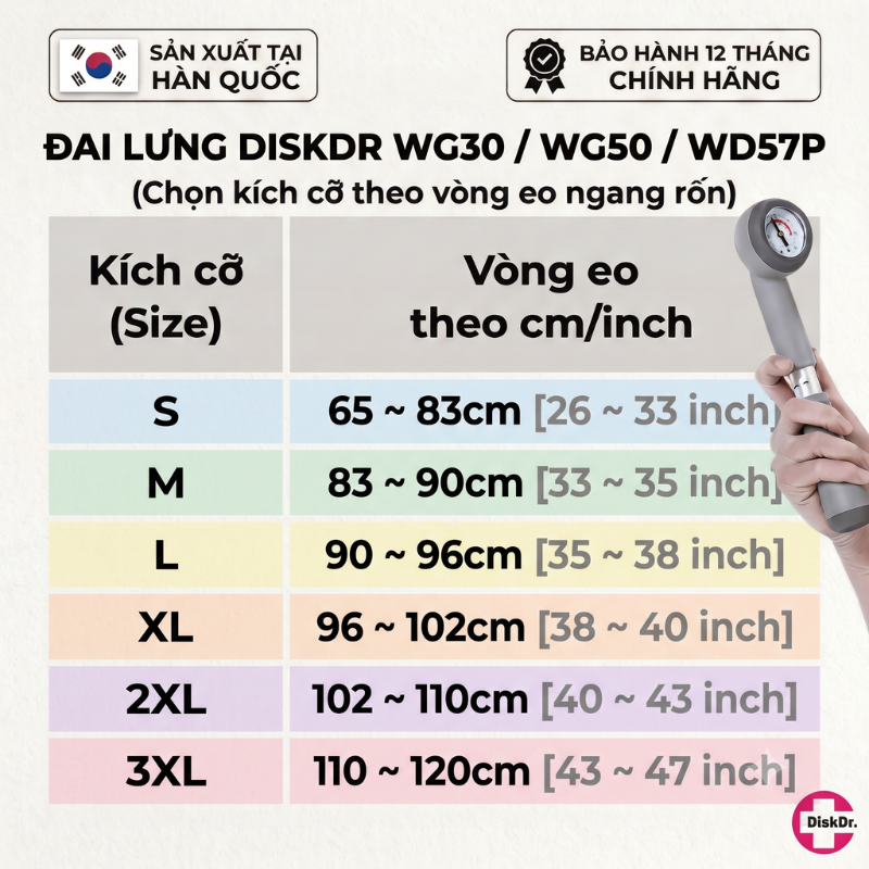 Bảng Kích cỡ đai lưng DiskDr Cập nhật tháng 8 2026